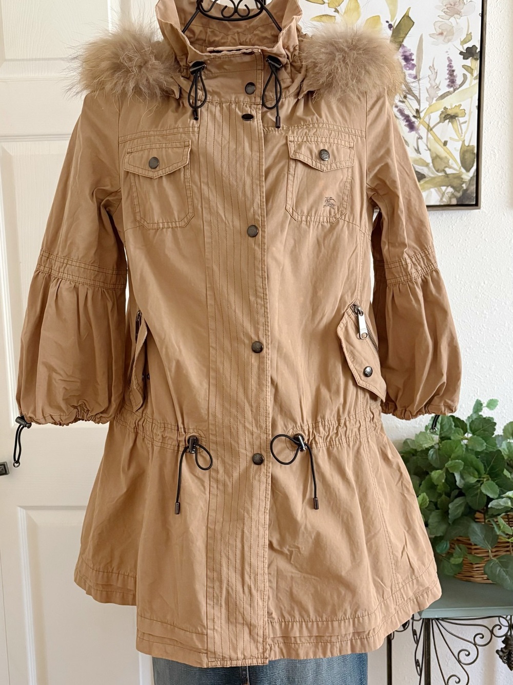 Burberry Camel/Tan Utility Parka with Faux Fur-Trim Hood